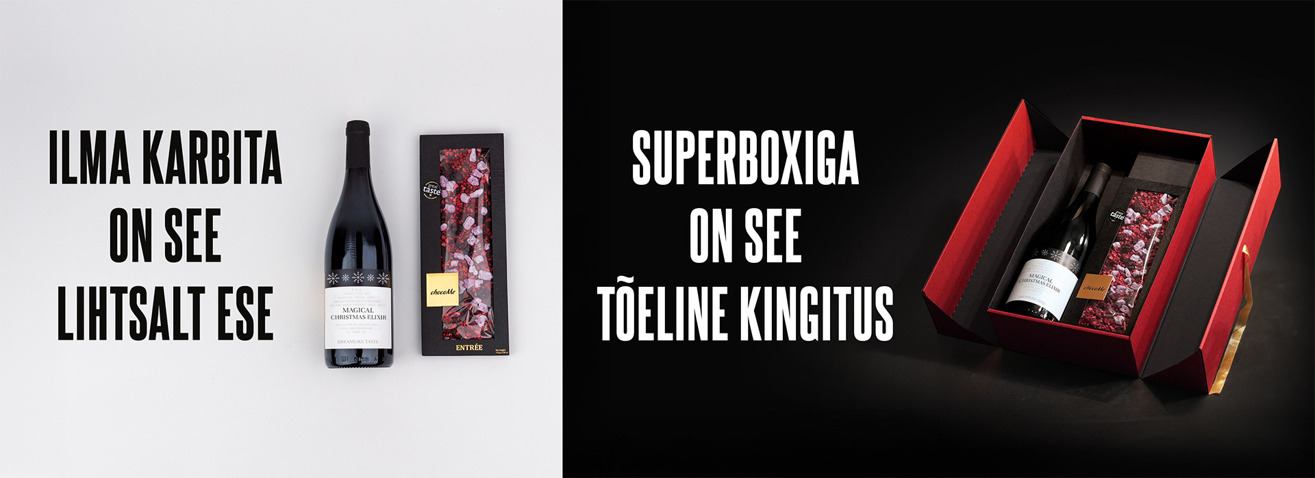 Jagatud pilt: ühel pool pudel ja šokolaad „ilma karbita“, teisel pool – kinkekomplekt „SUPERBOXiga“